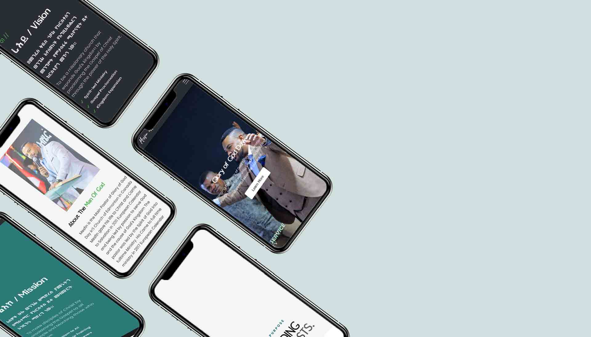 Glory of God Day International Church website navigation menu - Minimalist design with sage green accents and clean typography